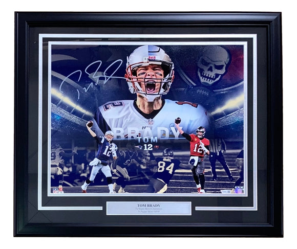 Tom Brady Signed Framed 16x20 Patriots Buccaneers Collage Photo Fanatics Sports Integrity