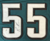 The Sports Integrity Brandon Graham Philadelphia Signed Green Football Jersey features large white and black number 55, a black marker signature on the left digit, and a JSA QR hologram for authentication.