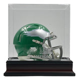 The Sports Integrity Brandon Graham Signed Eagles Kelly Green Mini Helmet comes in a clear case with Super Bowl LIX etched on the front, all resting on a dark wooden base.