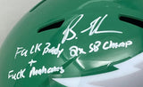 The Sports Integrity Brandon Graham Signed Eagles FS Kelly Green Rep Helmet features a white signature and the handwritten message "F Brady, 2x SB Champ + F Mahomes" in white marker.