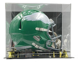 A Brandon Graham Signed FS Kelly Green Rep Helmet LTW #55 2x SB Champs BAS by Sports Integrity is displayed in a clear case with a black and gold base, featuring his white signature on top and the Eagles’ white wing design.