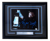 An 11x14 framed WWE photo signed in blue by Bray Wyatt, featuring a plaque with his name and dates (May 23, 1987 - August 24, 2023). Includes JSA hologram. Brand: Sports Integrity.