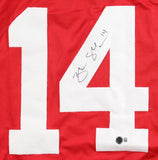 The Sports Integrity Brendan Shanahan Detroit Signed Red Hockey Jersey BAS features a bold white number 14 with Shanahan's black marker autograph on the 4 and a BAS authentication sticker below the signature.