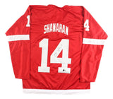 The Sports Integrity Brendan Shanahan Detroit Signed Red Hockey Jersey BAS features white stripes, the number 14, "SHANAHAN" on the back, and is autographed in black marker.