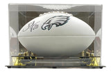 The Sports Integrity Brian Dawkins Signed Philadelphia Eagles Logo Football is displayed in a clear acrylic case with gold supports.