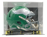 The Sports Integrity Brian Dawkins Signed Eagles FS Kelly Green Speed Replica Helmet is showcased in a clear acrylic case with gold supports. The autographed helmet features the Eagles' white wing design.