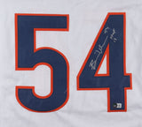 The Sports Integrity Brian Urlacher Chicago Signed White Football Jersey HOF 18 Inscribed BAS features large blue and orange-trimmed number 54, with his autograph on the number 4.