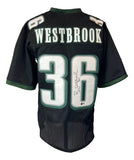 The Sports Integrity Brian Westbrook Philadelphia black football jersey features green and white accents, WESTBROOK name, number 36 signed in black marker on the back, and comes with BAS authentication.