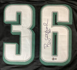 The Sports Integrity Brian Westbrook Philadelphia Signed Black Football Jersey BAS features large white and green outlined number 36, with his autograph and “36” inscribed in black marker on the right digit.
