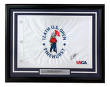 Sports Integrity Brooks Koepka Signed Framed 124th PGA US Open Golf Flag, featuring a cartoon golfer, red flag, USGA logo, and nameplate: "Brooks Koepka 2014 U.S. Open Champion." JSA authenticated.
