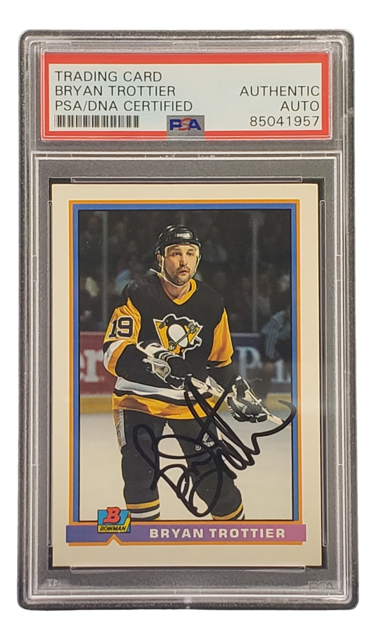 Bryan Trottier autographed hockey card (Pittsburgh Penguins) 1990
