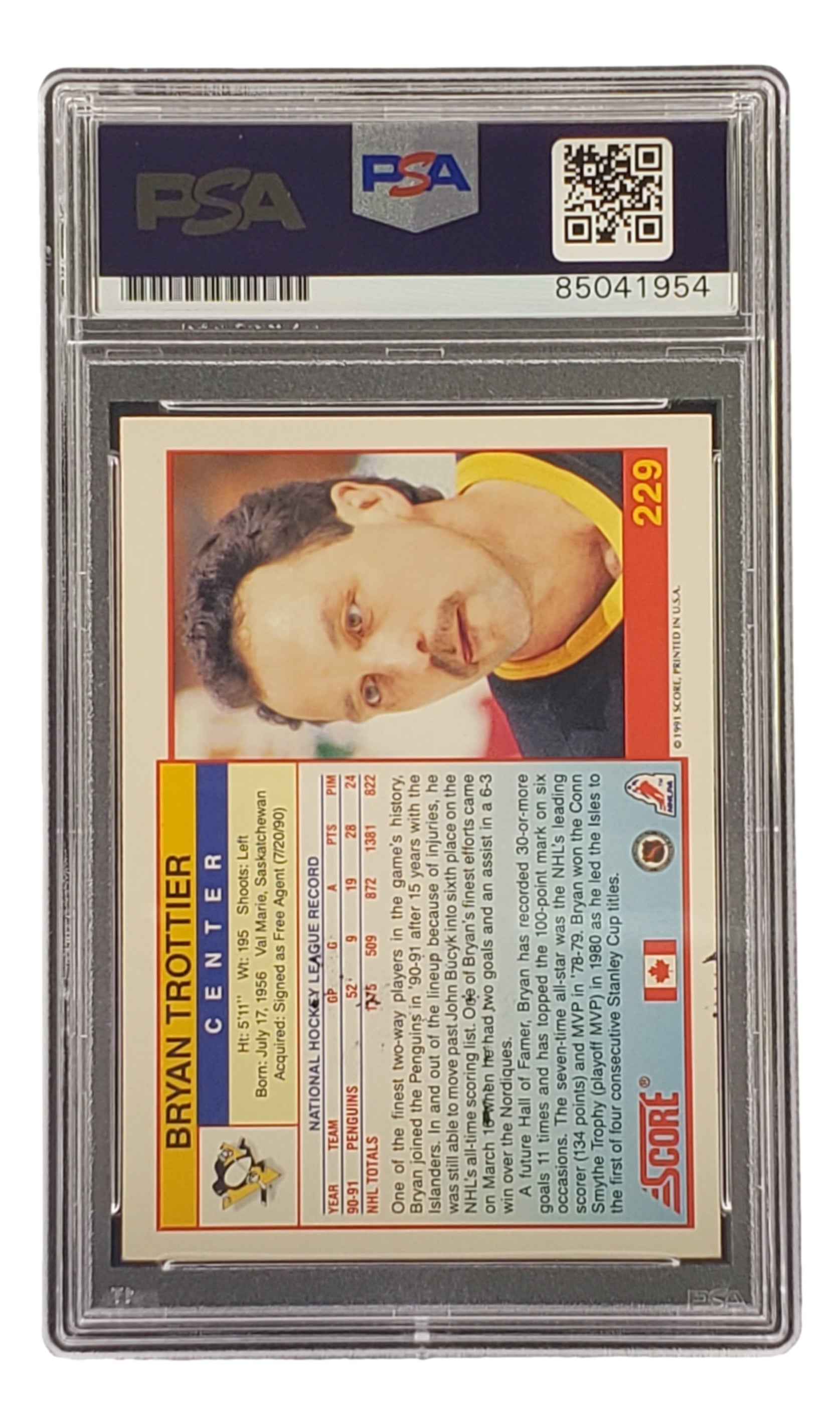 Bryan Trottier Signed 1991 Score #229 Pittsburgh Penguins Hockey