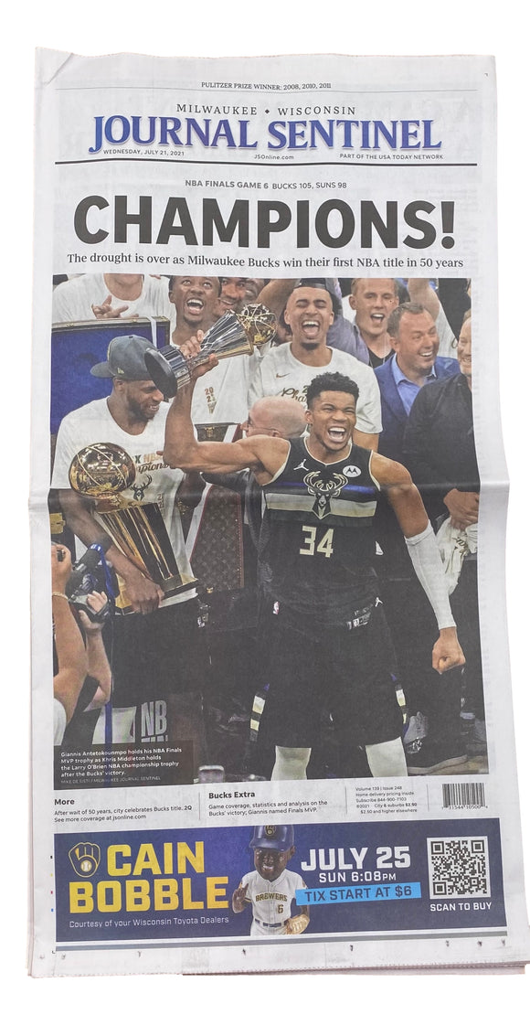 Milwaukee Bucks NBA Championship Journal Sentinel July 21, 2021 Newspaper
