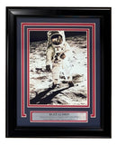 Buzz Aldrin Signed Framed 8x10 NASA Apollo 11 Photo by Sports Integrity, featuring Aldrin on the Moon in spacesuit. Includes JSA LOA and plaque detailing his role as Lunar Module Eagle Pilot.