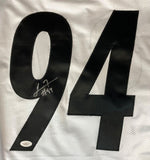 The Sports Integrity Lawrence Timmons Pittsburgh Signed White Football Jersey features a large black 94, LJ’s silver autograph with #94 on the left side of the number, and a JSA hologram sticker on the bottom left.