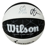 The Sports Integrity Caitlin Clark Fever Signed Wilson WNBA Signer Edition Basketball features dual autographs in silver and black, the WNBA logo at the bottom, and comes with PSA/DNA authentication and a display case.