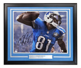 Sports Integrity Calvin Johnson Signed Framed 16x20 Detroit Lions Photo with JSA Hologram—features the legendary Hall of Famer catching a football in action, wearing jersey #81.