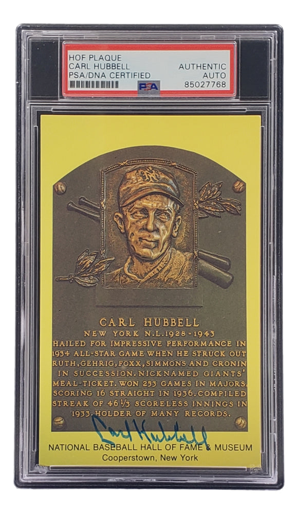 Carl Hubbell Signed 4x6 New York Giants Hall Of Fame Plaque Card PSA/DNA 85027768