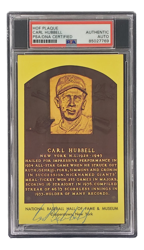 Carl Hubbell Signed 4x6 New York Giants Hall Of Fame Plaque Card PSA/DNA 85027769