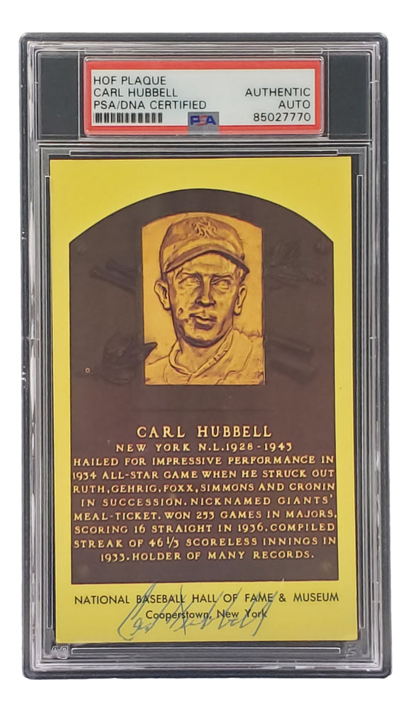 Carl Hubbell Signed 4x6 New York Giants Hall Of Fame Plaque Card PSA/DNA 85027770
