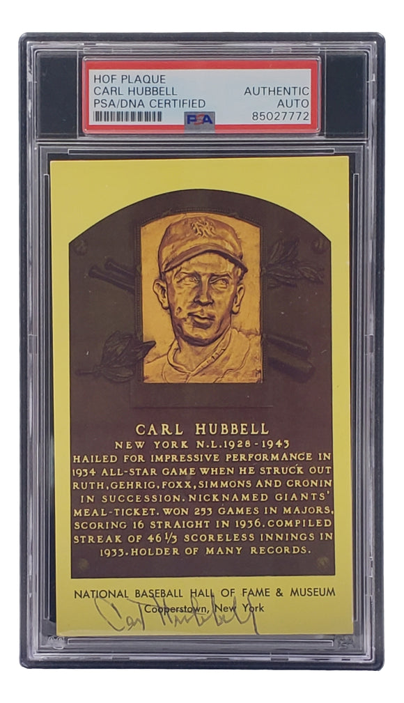 Carl Hubbell Signed 4x6 New York Giants Hall Of Fame Plaque Card PSA/DNA 85027772 Sports Integrity