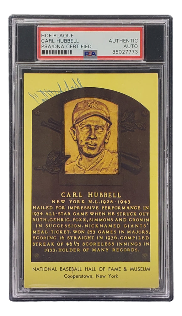 Carl Hubbell Signed 4x6 New York Giants Hall Of Fame Plaque Card PSA/DNA 85027773