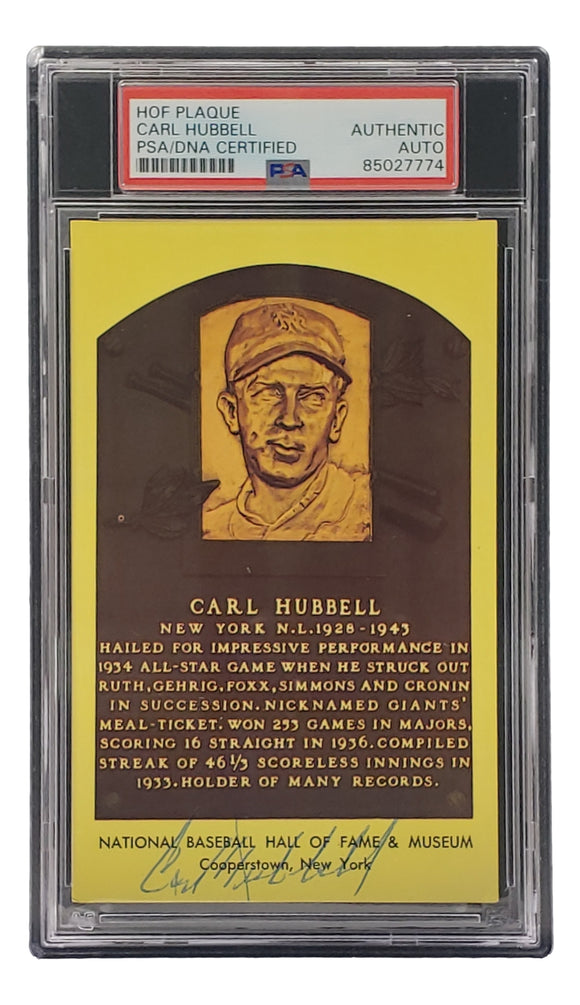 Carl Hubbell Signed 4x6 New York Giants Hall Of Fame Plaque Card PSA/DNA 85027774