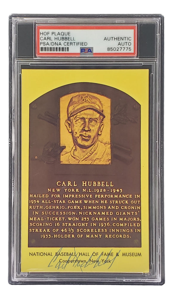 Carl Hubbell Signed 4x6 New York Giants Hall Of Fame Plaque Card PSA/DNA 85027775