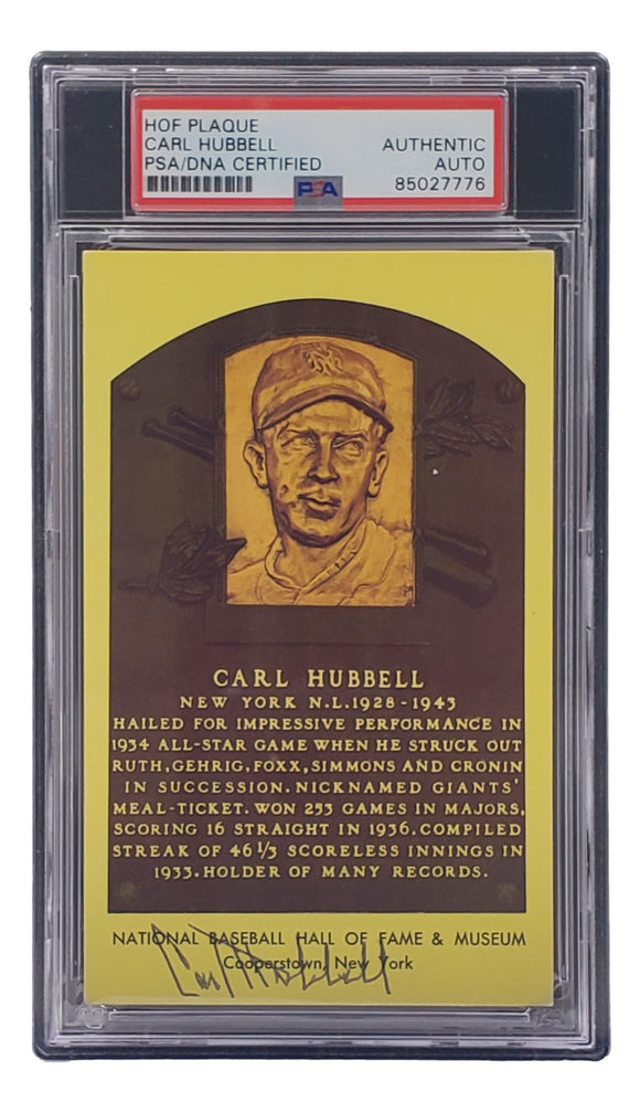 Carl Hubbell Signed 4x6 New York Giants Hall Of Fame Plaque Card PSA/DNA 85027776