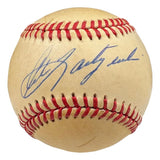 This Carl Yastrzemski Boston Red Sox Signed American League Baseball by Sports Integrity showcases a bold blue autograph across its surface, authenticated by PSA/DNA and featuring classic red stitching.