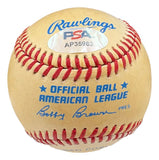 A Sports Integrity Carl Yastrzemski Boston Red Sox Signed American League Baseball with PSA/DNA authentication, red stitching, blue text, and Bobby Brown’s signature as league president.