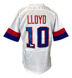 The Sports Integrity Carli Lloyd USA Signed White Soccer Jersey features red and blue sleeve stripes, LLOYD in red, number 10 in blue with a red outline on the back, and Carli Lloyd’s signature on the number 1.