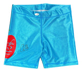 Carlito Signed Custom Wrestling Shorts by Sports Integrity feature a bright blue, shiny finish with a partial red design and a black autograph (JSA QR Hologram) near the bottom left leg, displayed flat on a white background.
