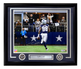 The Sports Integrity Ceedee Lamb Signed Framed 16x20 Dallas Cowboys Photo by Fanatics features #88 running on the field, fan-filled stands, his autograph, a nameplate, and two silver stars below the image.