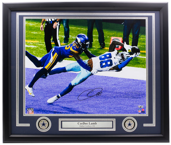 CeeDee Lamb Signed Framed 16x20 Dallas Cowboys Dive Photo Fanatics Sports Integrity