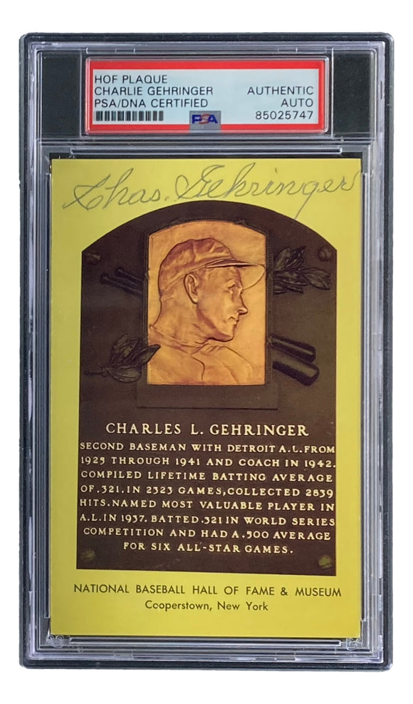Charlie Gehringer Signed 4x6 Detroit Tigers HOF Plaque Card PSA/DNA 85025747