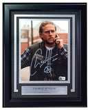 Sports Integrity Charlie Hunnam Signed Framed 8x10 Sons Of Anarchy Jax Teller Photo BAS features an autographed image of Charlie Hunnam as Jax Teller, with a nameplate and black frame.