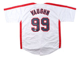 The Sports Integrity Charlie Sheen Major League Signed White Rick Vaughn Baseball Jersey features red trim, "VAUGHN" and 99 in black on the back, plus a small autograph on the number.
