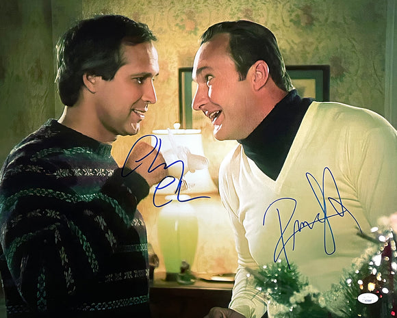 Chevy Chase Randy Quaid Signed In Blue 16x20 Christmas Vacation Eggnog Photo JSA Sports Integrity
