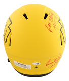 The Sports Integrity Stenerud Roaf Shields Thomas Signed Chiefs FS Rave Speed Replica Helmet features black accents, red autographs, handwritten text, a warning label, and a JSA QR certification sticker near the back.