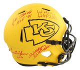 A Sports Integrity Stenerud, Roaf, Shields, Thomas signed Kansas City Chiefs FS Rave Speed replica helmet (yellow with black KC logo), with HOF ’91 and HOF 2012 inscriptions; JSA QR authenticated.