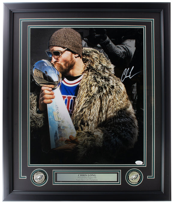 Chris Long Signed Framed Philadelphia Eagles 16x20 Super Bowl Trophy Photo JSA Sports Integrity