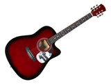 The Chris Young Signed 41" Losing Sleep Red Acoustic Guitar by Sports Integrity features a red and black cutaway design with a black and white sticker of a person playing guitar near the sound hole.