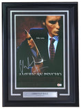 The Sports Integrity Christian Bale Signed Framed 11x17 American Psycho Photo BAS features a suited man with a knife, the words “Killer looks,” an autograph, and a plaque labeled Christian Bale, American Psycho.