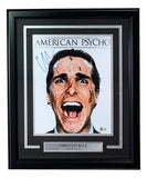 The Sports Integrity Christian Bale Signed Framed 11x14 American Psycho Photo BAS features Bale’s blood-spattered, screaming face, a blue autograph at the top left, and a nameplate reading Christian Bale American Psycho.