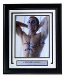Christian Bale Signed Framed 8x10 American Psycho Photo by Sports Integrity, featuring Bale shirtless as Patrick Bateman with sunglasses; includes plaque reading CHRISTIAN BALE American Psycho.