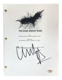 The Christian Bale Signed The Dark Knight Rises Full Movie Script by Sports Integrity features a PSA hologram, the film's full script, and Christian Bale's signature in black marker at the bottom.