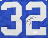 This Christian Laettner Duke "The Shot" blue mesh basketball jersey by Sports Integrity features a bold white number 32 with his black signature on the 2 and a small JSA authentication sticker below the signature.