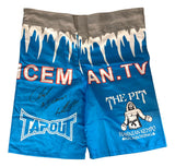 Chuck Liddell Signed Iceman UFC MMA Trunks by Sports Integrity. Blue/gray fight shorts with icicle graphics, logos (ICEMAN.TV, TAPOUT, THE PIT), cartoon fighter artwork, and PSA/DNA hologram.