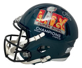 The Sports Integrity CJ Gardner-Johnson Signed Philadelphia Eagles FS Super Bowl LIX Rep Helmet features a dark green design, vibrant SB59 logo, CHAMPIONS text, EAGLES 41 CHIEFS 22 on the side, and is autographed in silver.